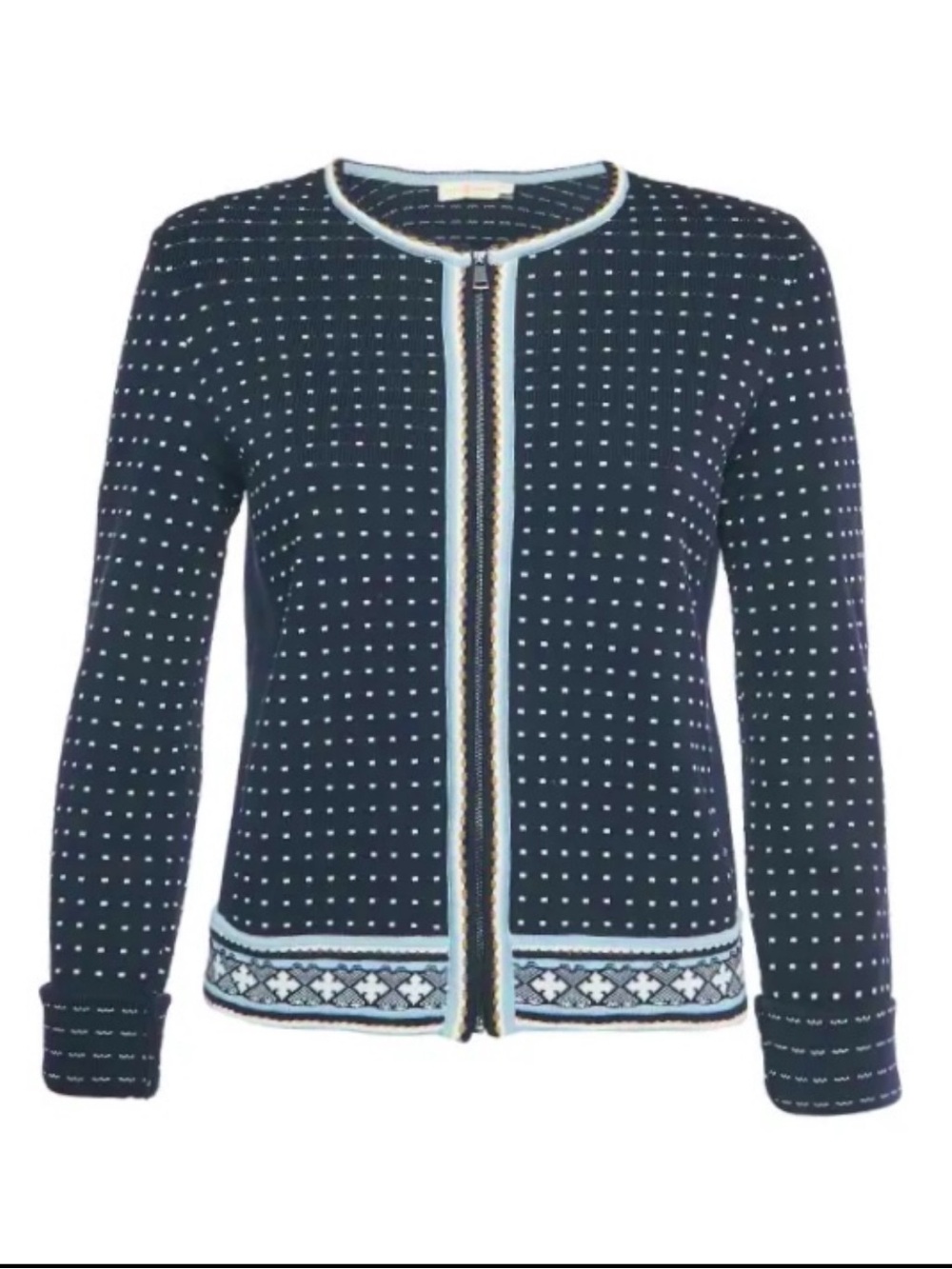 Tory Burch Navy Blue Zip Up Cardigan Sweater Polka Dot Geo Knit Women’s Size S